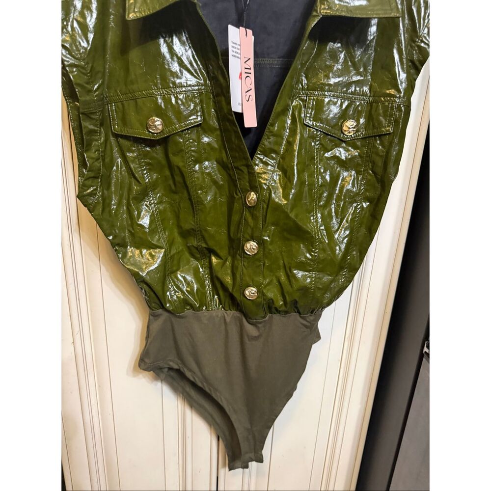 Micas Women's Faux Leather Button Patchwork Tank Sleeveless Bodysuit Olive Large - Picture 2 of 11